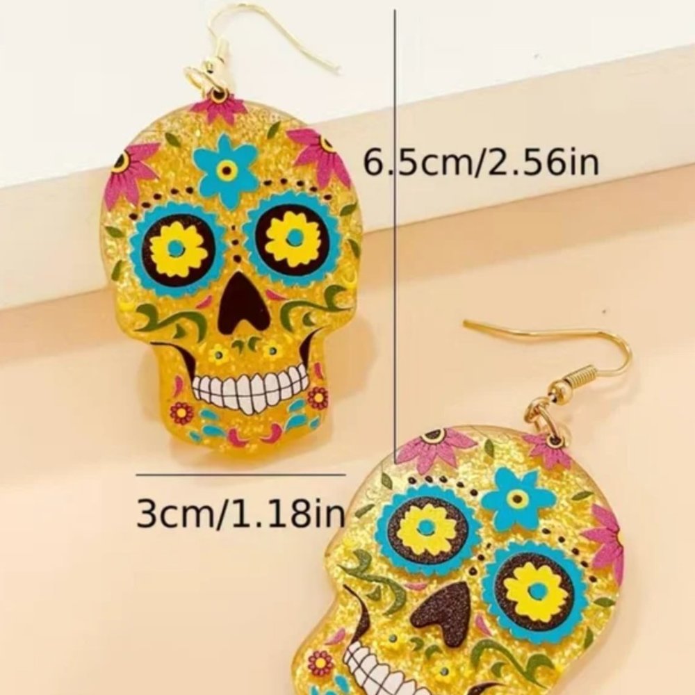 SUGAR SKULL Day of the Dead Translucent Grey Glitter Acetate Dangle Earrings NEW - Picture 2 of 2
